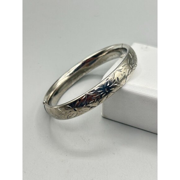 Vintage Crafmere Bracelet Sterling Silver Etched Hinged Bangle Minimalist Design - Picture 4 of 10